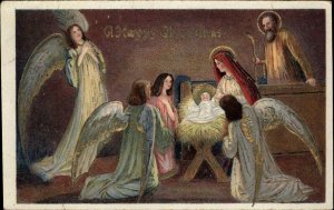 Christmas Mary Joseph Manger Angels Nativity Gilt Inlay c1910 Gel Postcard