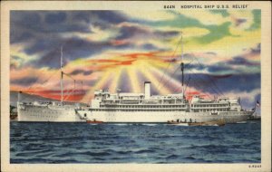 HOSPITAL SHIP USS Relief LINEN Old Postcard