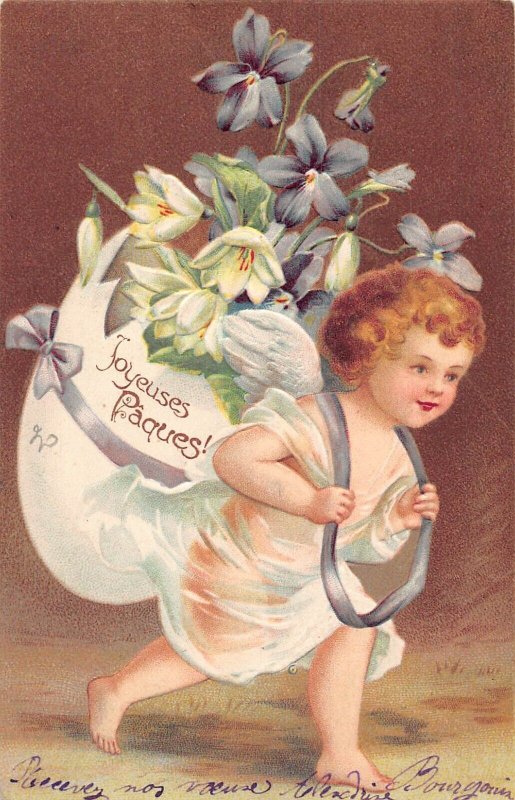 L085 Easter Greetings 1905 angel cherub giant egg fantasy embossed postcard