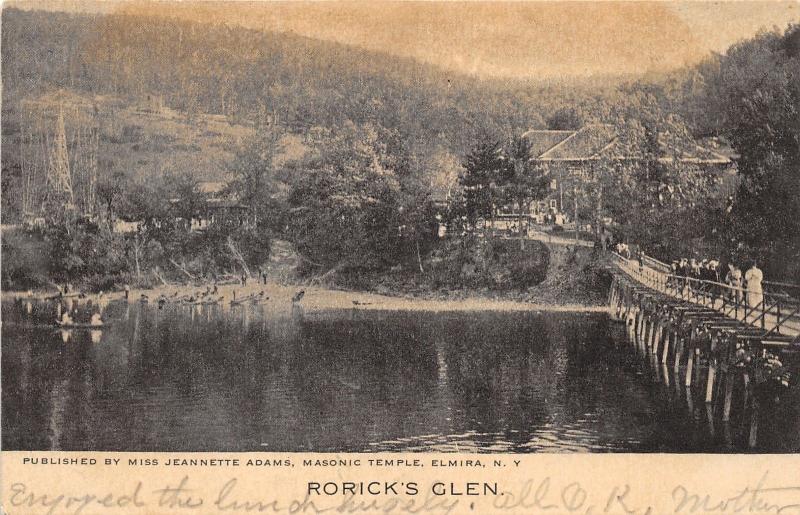 Elmira New York~Rorick's Glen~People Crossing Rustic Bridge~Boats on Water~1905