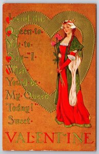 Valentine~Queen In Ermine Lined Cape~Roses For Sceptor~Gold Heart~Embossed~1910