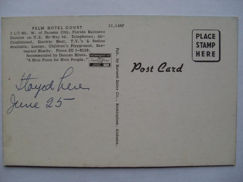 1950's Palm Hotel Court Motel Panama City Florida FL Postcard y5470