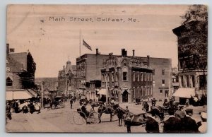 Belfast ME Busy Main Street Horses Buggies People 1908 Maine Postcard A39