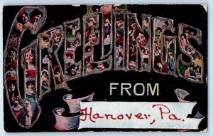c1910 Hanover Pennsylvania Vintage Postcard Greetings Woman Multiview Big Letter