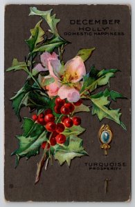 Birthday Greetings December Holly Turquoise Birthstone Postcard R27