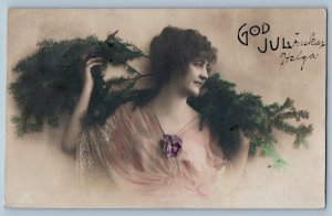 Christmas Postcard RPPC Photo Pretty Woman With Pine Tree Leaf Minneapolis MN