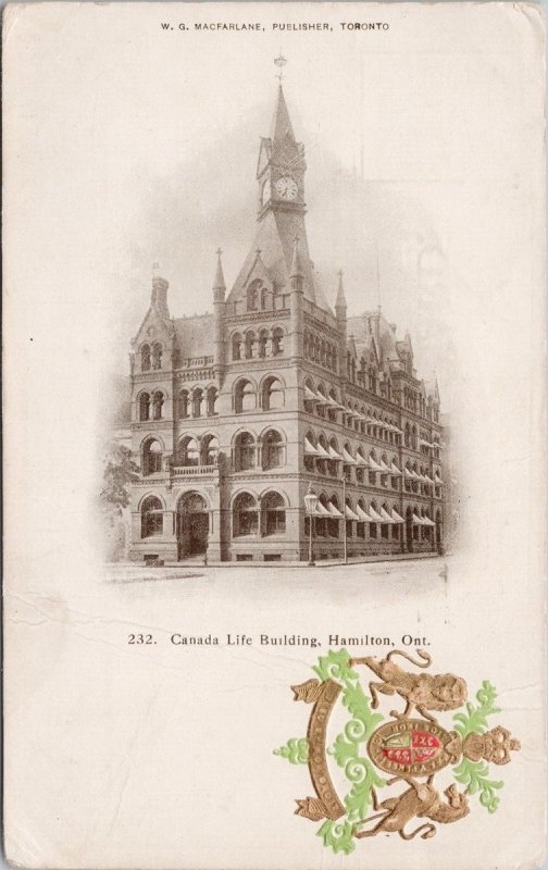 Hamilton Ontario Canada Life Building Embossed Macfarlane Postcard H58 *as is