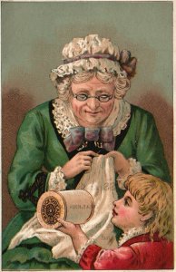 1880s-90s Grandma with Child Sewing Merrick Thread Co. Spool Cotton Trade Card