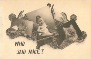 Two Kittens and Crying Baby, Who said mice? 1909 Postcard