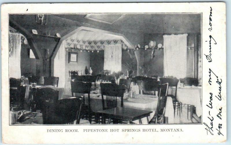 PIPESTONE HOT SPRINGS HOTEL, Montana MT  DINING ROOM ca 1900s  Postcard