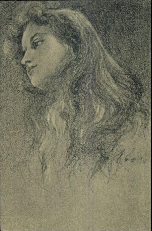 Pencil Sketch - Thoughtful Beautiful Young Girl - Signature c1910 Postcard