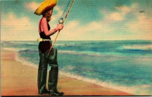 Woman in Bathing Suit Beach Scene Fishing Pole Thigh High Waders Linen Postcard