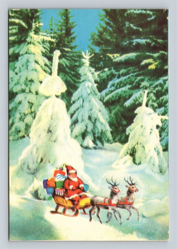 Santa Claus Reindeer Sleigh Snowy Woods Christmas Postcard