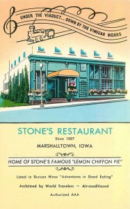 Postcard Iowa Marshalltown Stone's Restaurant roadside Teich 23-2719