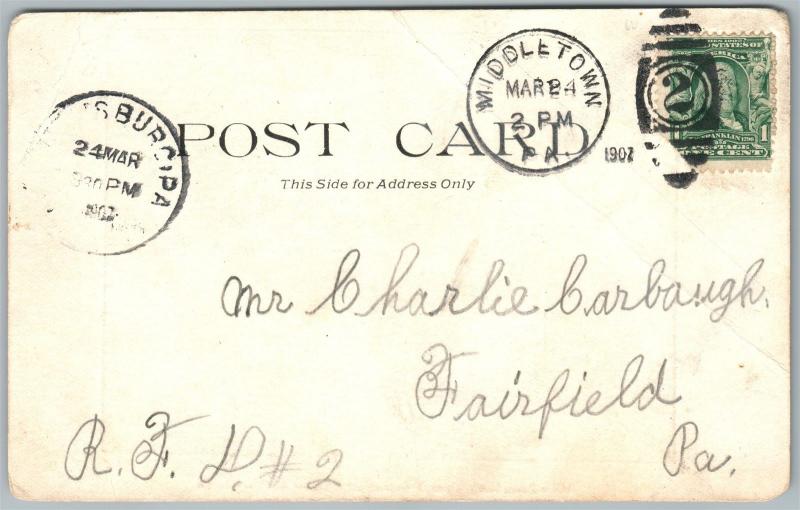 MIDDLETOWN PA NORTH UNION STREET 1907 UNDIVIDED ANTIQUE POSTCARD w/ CORK CANCEL