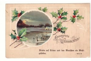 Gesegnete Weihnachten, Holly, Rural Scene, Vintage 1913 Christmas Postcard