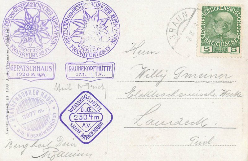 Austria Tirol mountaineering auf dem Gepatschferner 1913 cottages cancels