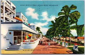 1951 Wofford Beach Hotel Miami Florida Ocean From Promenade Posted Postcard