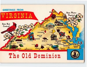 Postcard Virginia Map The Old Dominion Greetings from Virginia USA