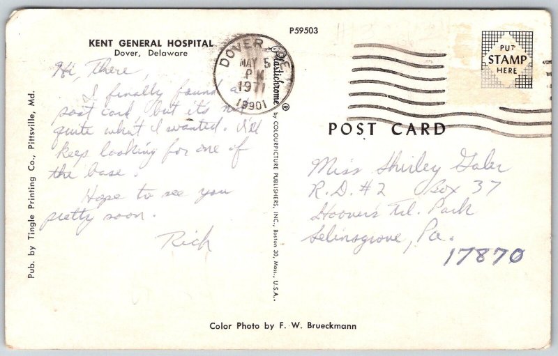 Dover Delaware 1971 Postcard Kent General Hospital