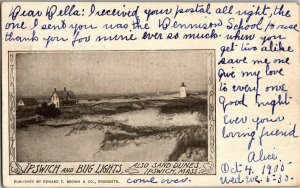 Ipswich and Bug Lights, Sand Dunes, Ipswich MA c1905 Vintage Postcard Q40