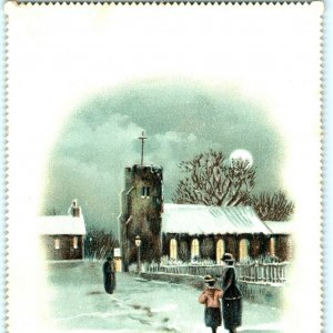 c1890s Church Scene Lithograph Die Cut Victorian Trade Card Winter Xmas Snow C20