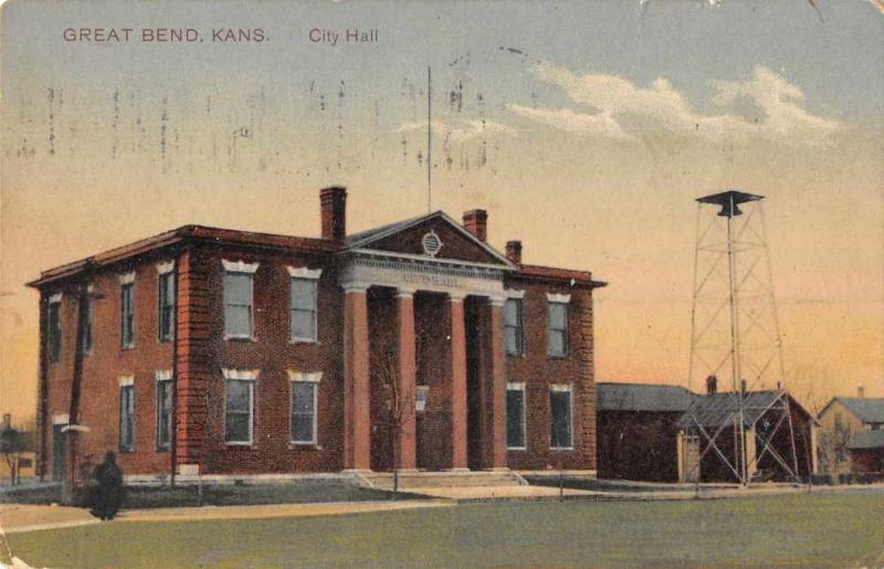 Great Bend Kansas City Hall Exterior View Antique Postcard J70872