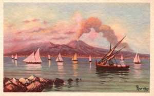 Vintage Postcard 1920's View of Napoli II Vesuvio Boats Naples 2 Italy IT