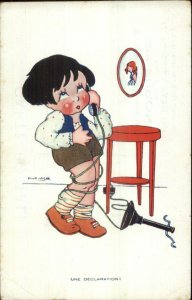 Art Deco Little Boy Flirting on Telephone Vanasek Postcard French Advertising