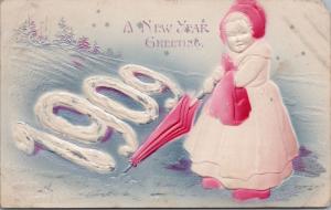 A New Year Greeting Girl Pink Umbrella c1909 Postcard E31 *As Is