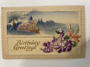 Antique Embossed Birthday Greetings Postcard Purple Violets Winter Cottage