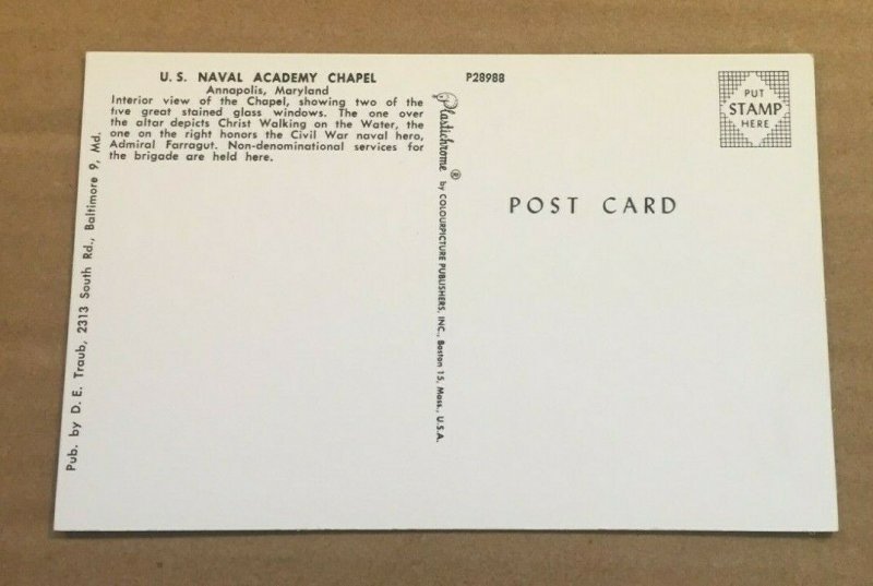 VINTAGE UNUSED POSTCARD - U.S. NAVAL ACADEMY CHAPEL, ANNAPOLIS, MARYLAND