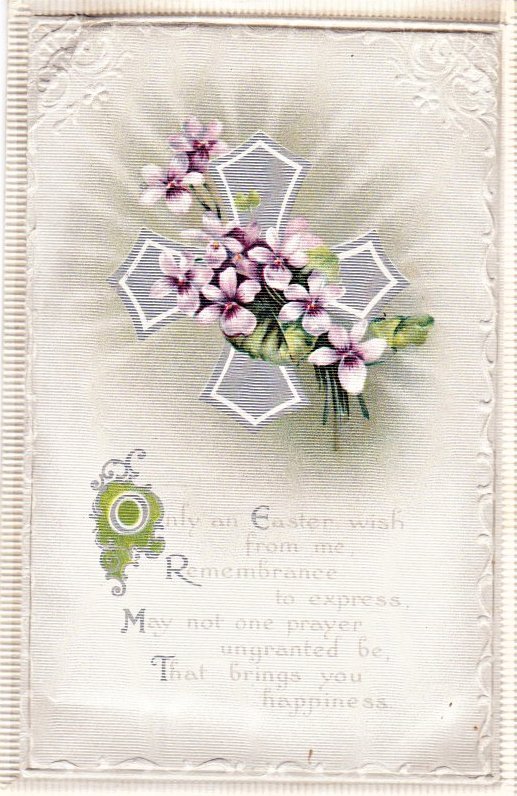 Fancy Easter postcard padded pale grey with a silver cross and flowers Border.