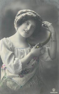 Tambourine beauty portrait c.1914 music related photo postcard