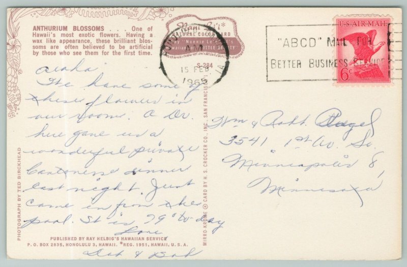 Honolulu Hawaii~Anthurium Blossoms~Standard Chrome Postcard
