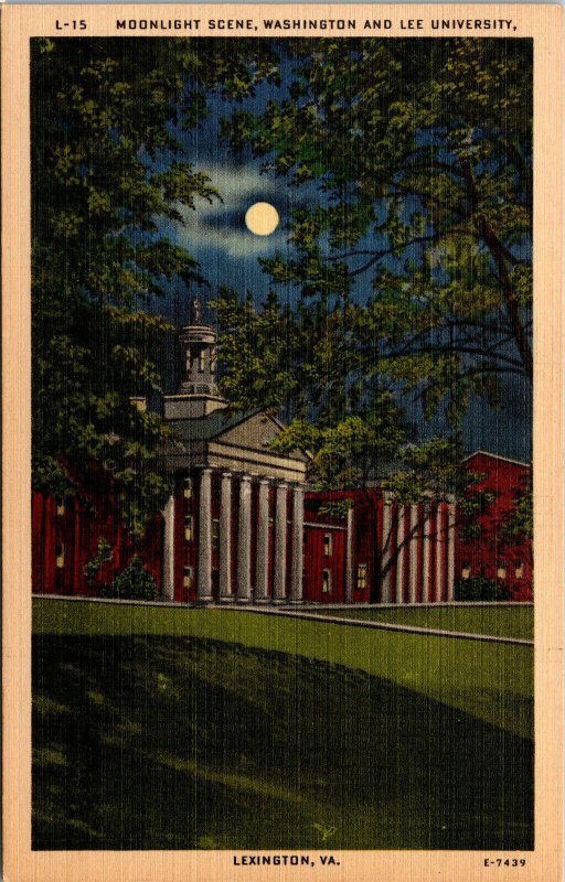 Vtg Moonlight Night View Washington & Lee University Lexington VA Linen Postcard