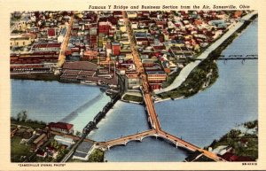 Ohio Zanesville Aerial View Famous Y Bridge and Business Section Curteich