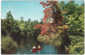 River Scene, Red Canoe, Canada, Vintage 1967 Chrome Postcard