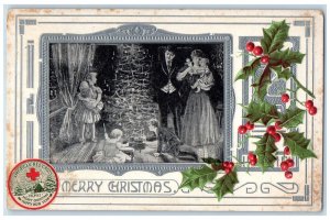 1911 Christmas Tree Family Holly Berries Groton New York NY Antique Postcard