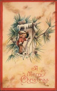 Christmas Fantasy Little Boy at Bird House Birdhouse c1910 Vintage Postcard