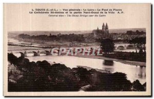 Old Postcard General view Tours Loire The Stone Bridge The Cathedral St Gatien