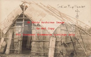 Native American Indian, RPPC, Rug Weaver Wooden Bark House, Hoover Photo