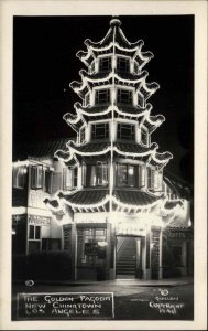 Los Angeles CA Chinatown Golden Pagoda at Night Real Photo Postcard