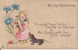 VALENTINE,1906, Romance Love, Dachshund Dog, Cherub, Flowers, Artist Signed TUCK
