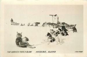 1954 Kotzebue Alaska Huskies take a blow winter scene FHW Postcard RPPC 24-11946
