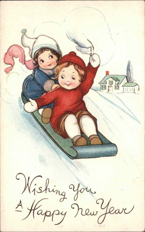 New Year Stecher Ser 644C Children Sledding Vintage Postcard