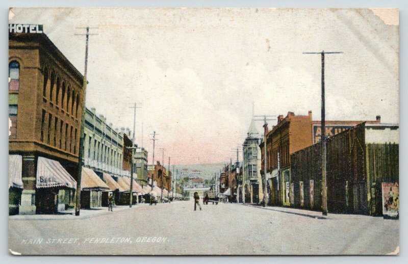 Pendleton Oregon~Main Street~Beer on Corner~St Elmo Rooms~Horse Wagon~c1910 