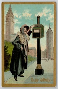 Woman Mailing Letter To My Affinity Big City Mailbox Greetings Postcard B43