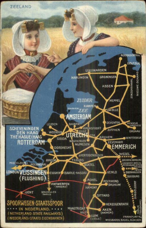 Detailed Map Holland Netherlands RR Train Route Native Women Zeeland Postcard