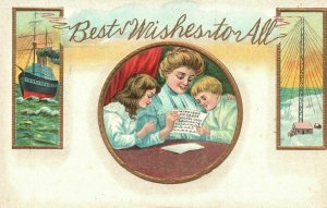 Vintage Postcard 1910's Best Wishes To All Greetings Mother Reading To Children